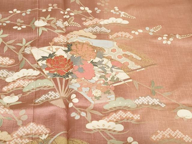 平和屋着物●訪問着　駒刺繍　扇面草花文　暈し染め　金彩　正絹　逸品　DABI2028ud