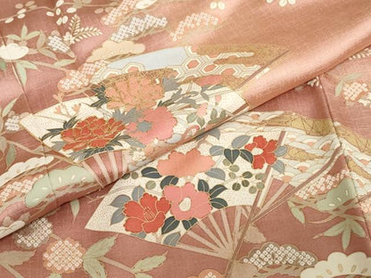 平和屋着物●訪問着　駒刺繍　扇面草花文　暈し染め　金彩　正絹　逸品　DABI2028ud