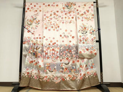 平和屋着物●豪華振袖　駒刺繍　花蝶文　暈し染め　金彩　正絹　逸品　DABI2031ud