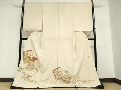 平和屋着物●中村玉緒　色留訪問着　駒刺繍　流水群れ鳥文　仮絵羽　正絹　逸品　未使用　DABI2039ud