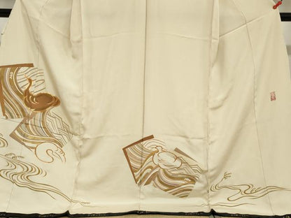 平和屋着物●中村玉緒　色留訪問着　駒刺繍　流水群れ鳥文　仮絵羽　正絹　逸品　未使用　DABI2039ud