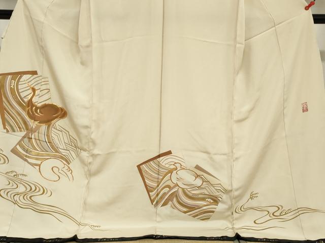 平和屋着物●中村玉緒　色留訪問着　駒刺繍　流水群れ鳥文　仮絵羽　正絹　逸品　未使用　DABI2039ud