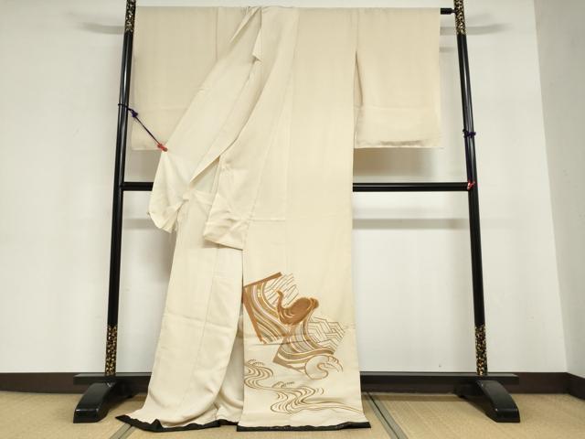 平和屋着物●中村玉緒　色留訪問着　駒刺繍　流水群れ鳥文　仮絵羽　正絹　逸品　未使用　DABI2039ud