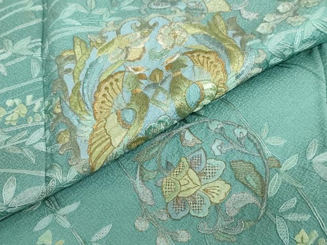 平和屋着物●中国三大刺繍　蘇州刺繍　総刺繍　訪問着　向かい鳥草花丸文　金糸　正絹　逸品　DABI2044ud