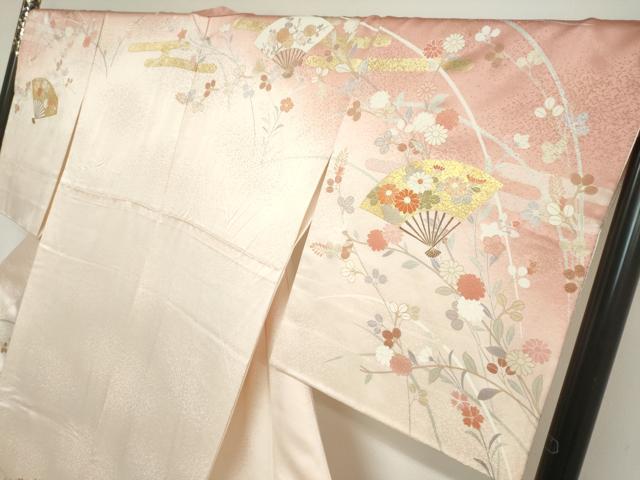 平和屋着物●訪問着　作家物　駒刺繍　扇面草花文　暈し染め　金彩　正絹　逸品　DABI2045ud