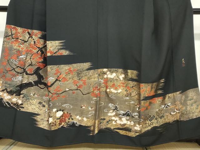 平和屋着物●松尾光琳　黒留袖　流水鴛鴦花文　金彩　正絹　逸品　DABI2058ud