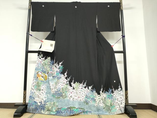 平和屋着物●人間国宝　羽田登喜男　TOKIOetTOKI　黒留袖　鴛鴦草花文　金銀彩　証明書付き　正絹　逸品　DABI2061ud