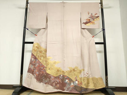 平和屋着物●訪問着　刺繍　雲霞草花文　金彩　正絹　逸品　DABI2089ud