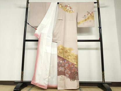 平和屋着物●訪問着　刺繍　雲霞草花文　金彩　正絹　逸品　DABI2089ud