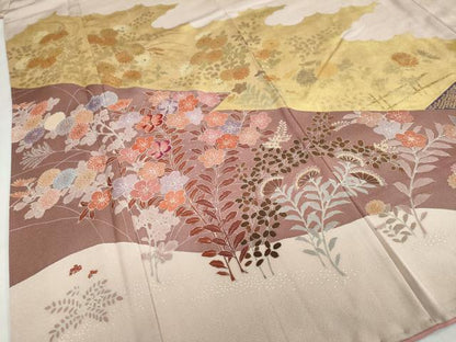 平和屋着物●訪問着　刺繍　雲霞草花文　金彩　正絹　逸品　DABI2089ud