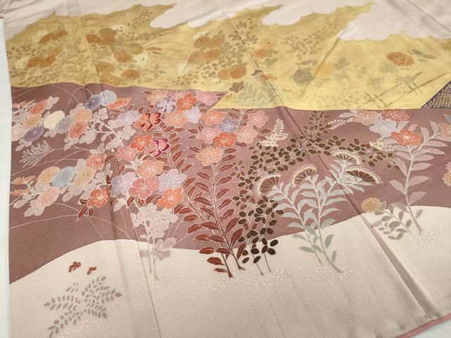 平和屋着物●訪問着　刺繍　雲霞草花文　金彩　正絹　逸品　DABI2089ud