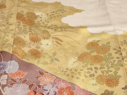 平和屋着物●訪問着　刺繍　雲霞草花文　金彩　正絹　逸品　DABI2089ud