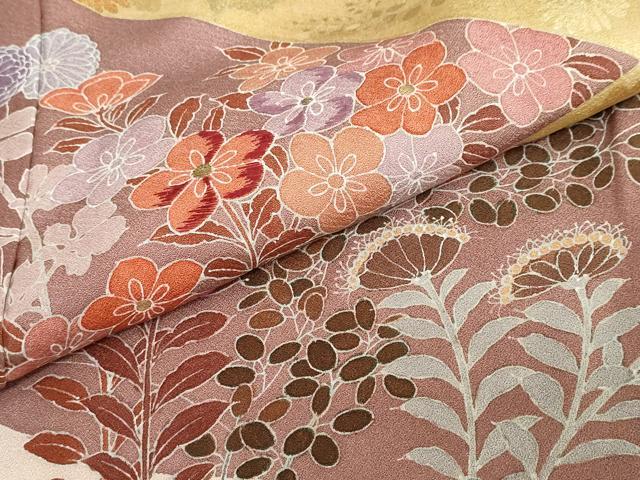 平和屋着物●訪問着　刺繍　雲霞草花文　金彩　正絹　逸品　DABI2089ud