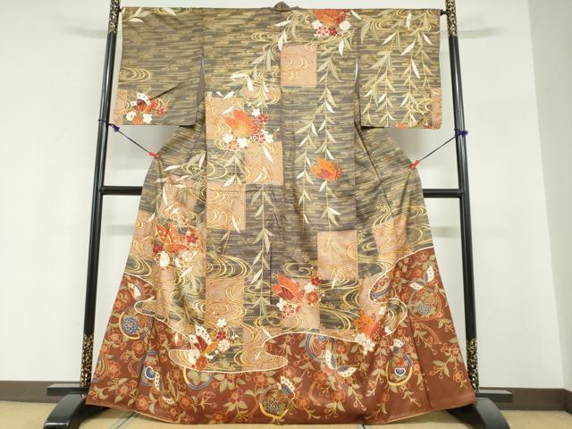 平和屋着物●訪問着　駒刺繍　流水花蝶文　金彩　正絹　逸品　DABI2092ud
