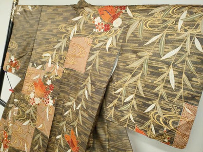 平和屋着物●訪問着　駒刺繍　流水花蝶文　金彩　正絹　逸品　DABI2092ud
