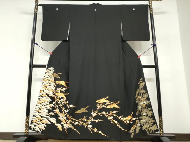 平和屋着物●豪華黒留袖　駒刺繍　飛鶴花文　金彩　正絹　逸品　DABI2093ud