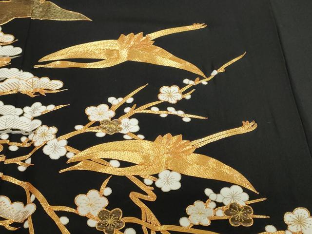 平和屋着物●豪華黒留袖　駒刺繍　飛鶴花文　金彩　正絹　逸品　DABI2093ud