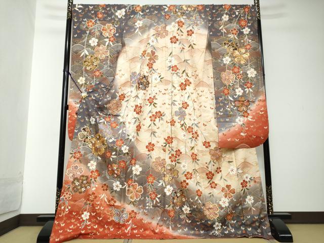 平和屋着物●豪華振袖　駒刺繍　花蝶文　暈し染め　金彩　正絹　逸品　DABI2105ud