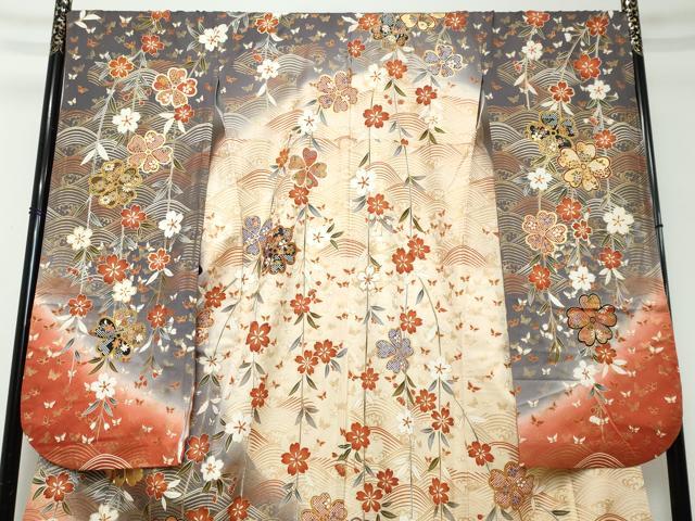 平和屋着物●豪華振袖　駒刺繍　花蝶文　暈し染め　金彩　正絹　逸品　DABI2105ud