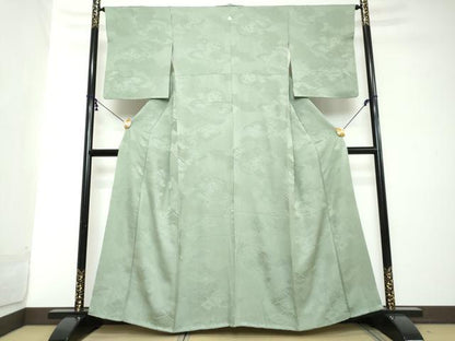 平和屋着物●上質な色無地　雲霞菱地紋　山葵色　正絹　逸品　DABI2109ud