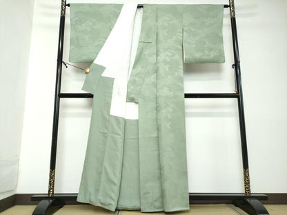 平和屋着物●上質な色無地　雲霞菱地紋　山葵色　正絹　逸品　DABI2109ud