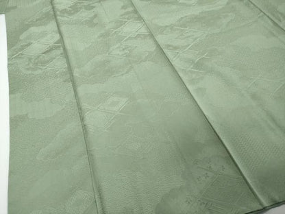 平和屋着物●上質な色無地　雲霞菱地紋　山葵色　正絹　逸品　DABI2109ud