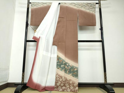 平和屋着物●訪問着　草花文　暈し染め　鬼しぼ縮緬　正絹　逸品　DABI2136ud