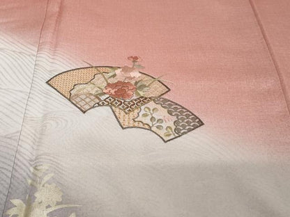 平和屋着物●中国三大刺繍　スワトウ刺繍　訪問着　地紙草花文　暈し染め　金彩　ロング丈　正絹　逸品　DABI2138ud