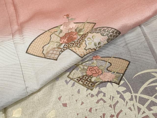 平和屋着物●中国三大刺繍　スワトウ刺繍　訪問着　地紙草花文　暈し染め　金彩　ロング丈　正絹　逸品　DABI2138ud