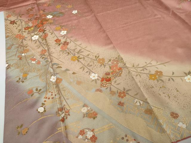 平和屋着物●訪問着　刺繍　地紙草花文　暈し染め　金彩　正絹　逸品　DABI2140ud