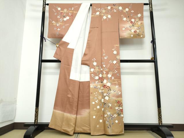 平和屋着物●訪問着　駒刺繍　草花文　暈し染め　金彩　正絹　逸品　DABI2144ud