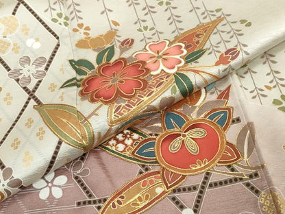 平和屋着物●訪問着　駒刺繍　草花文　金彩　正絹　逸品　DABI2146ud