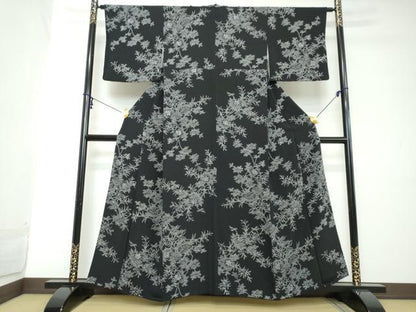 平和屋着物●上質な小紋　絞り　枝花文　黒地　正絹　逸品　DABI2149ud