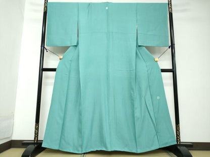 平和屋着物●染色作家　田中文子　色無地　市松地紋　新橋色　正絹　逸品　DABI2157ud