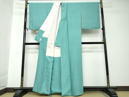 平和屋着物●染色作家　田中文子　色無地　市松地紋　新橋色　正絹　逸品　DABI2157ud