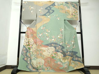 平和屋着物●訪問着　作家物　駒刺繍　流水吉祥草花文　金彩　三越扱い　正絹　逸品　DABI2172ud
