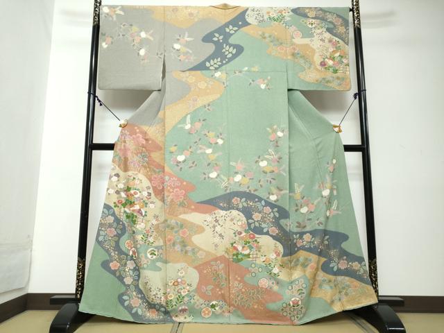 平和屋着物●訪問着　作家物　駒刺繍　流水吉祥草花文　金彩　三越扱い　正絹　逸品　DABI2172ud