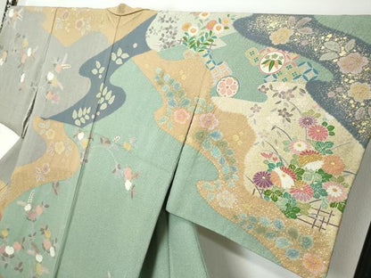 平和屋着物●訪問着　作家物　駒刺繍　流水吉祥草花文　金彩　三越扱い　正絹　逸品　DABI2172ud