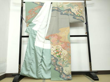 平和屋着物●訪問着　作家物　駒刺繍　流水吉祥草花文　金彩　三越扱い　正絹　逸品　DABI2172ud