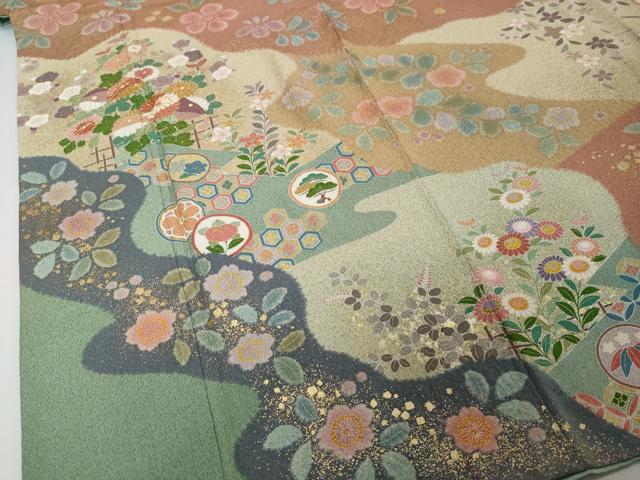 平和屋着物●訪問着　作家物　駒刺繍　流水吉祥草花文　金彩　三越扱い　正絹　逸品　DABI2172ud