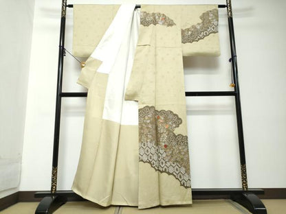 平和屋着物●訪問着　駒刺繍　絞り　扇面草花文　金銀彩　正絹　逸品　DABI2177ud