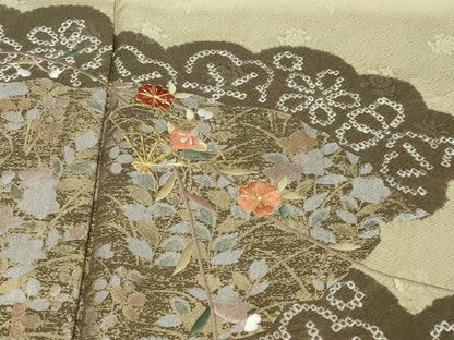 平和屋着物●訪問着　駒刺繍　絞り　扇面草花文　金銀彩　正絹　逸品　DABI2177ud