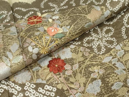平和屋着物●訪問着　駒刺繍　絞り　扇面草花文　金銀彩　正絹　逸品　DABI2177ud