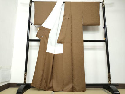 平和屋着物●上質な色無地　花尽くし地紋　枯茶色　正絹　逸品　DABI2192ud