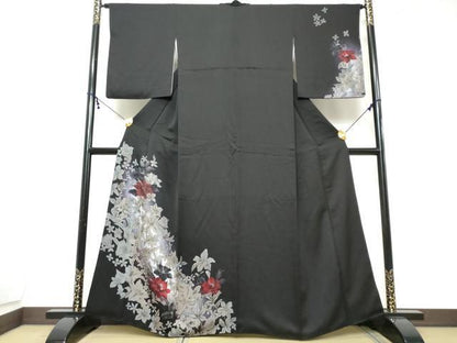 平和屋着物●訪問着　手描き　草花文　黒地　正絹　逸品　DABI2203ud
