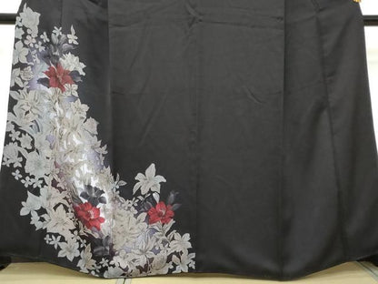 平和屋着物●訪問着　手描き　草花文　黒地　正絹　逸品　DABI2203ud