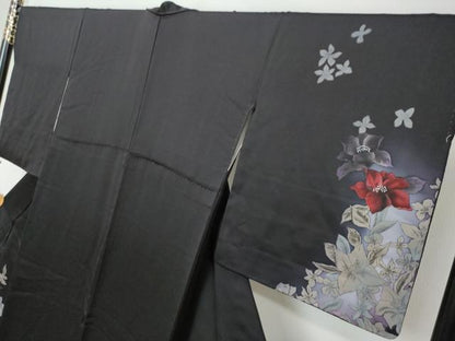 平和屋着物●訪問着　手描き　草花文　黒地　正絹　逸品　DABI2203ud