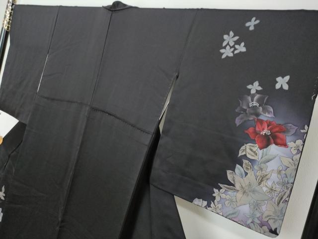 平和屋着物●訪問着　手描き　草花文　黒地　正絹　逸品　DABI2203ud