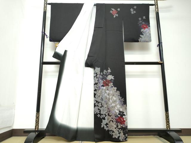 平和屋着物●訪問着　手描き　草花文　黒地　正絹　逸品　DABI2203ud