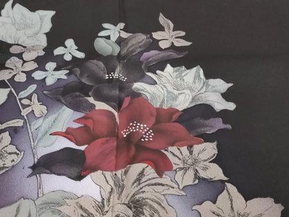 平和屋着物●訪問着　手描き　草花文　黒地　正絹　逸品　DABI2203ud